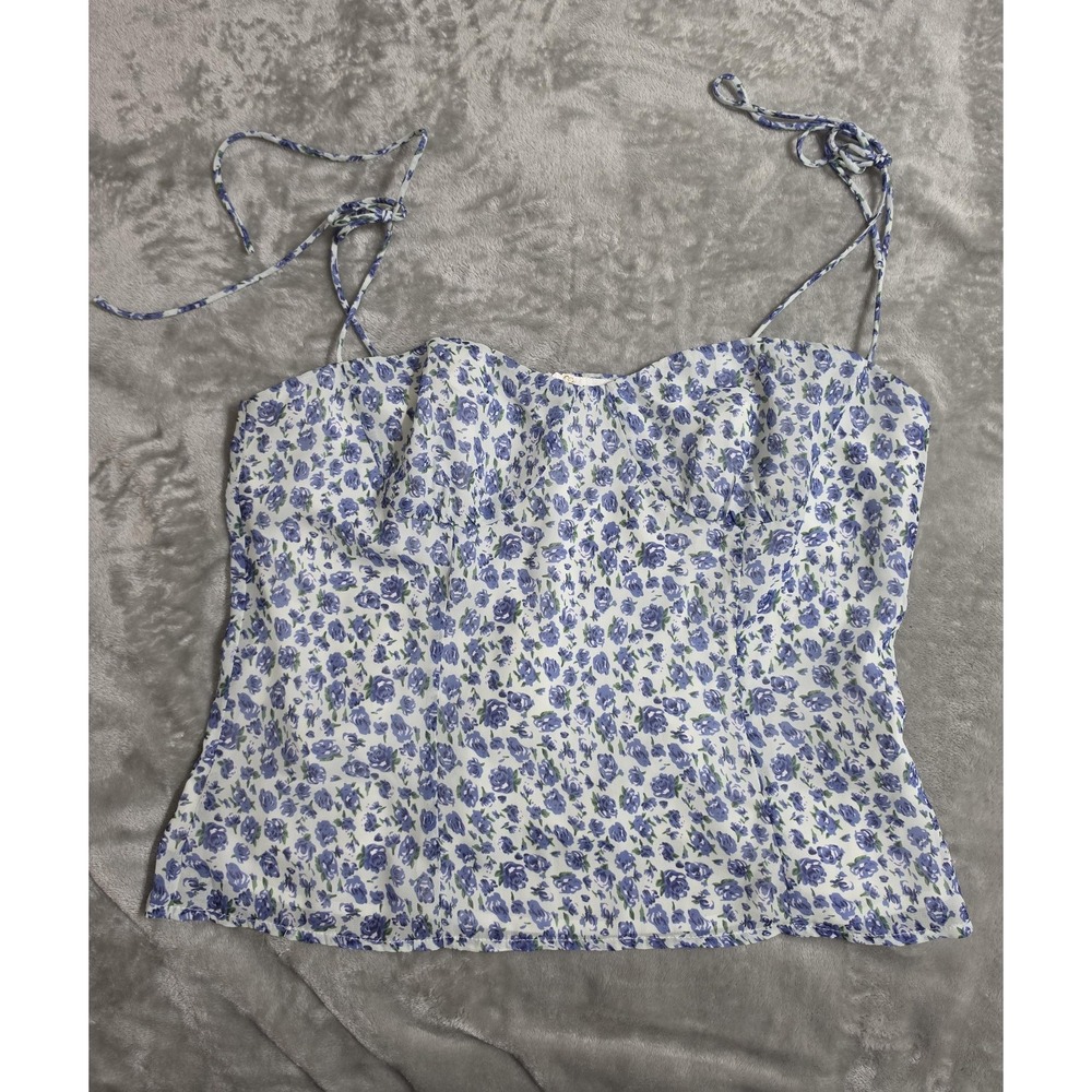 Blue Floral Layering Tank Top Sweetheart Tie Strap Feminine Cami Twee Preppy s12